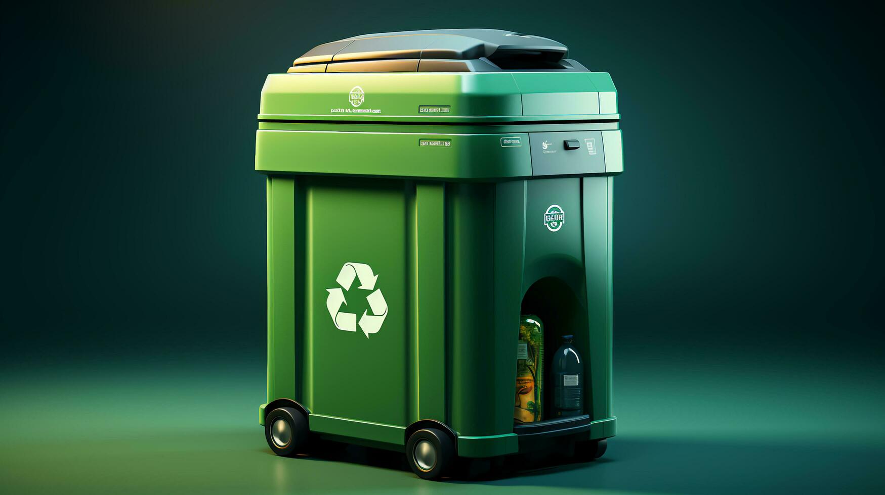 AI-Generated Green trash can for recycling waste. The concept of ecology and separate waste collection photo