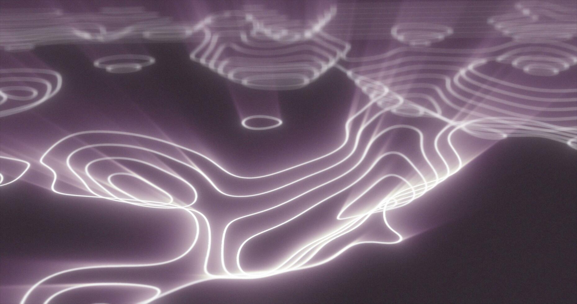 Abstract purple futuristic hi-tech landscape with mountains and canyons from glowing energy circles and magic lines background photo