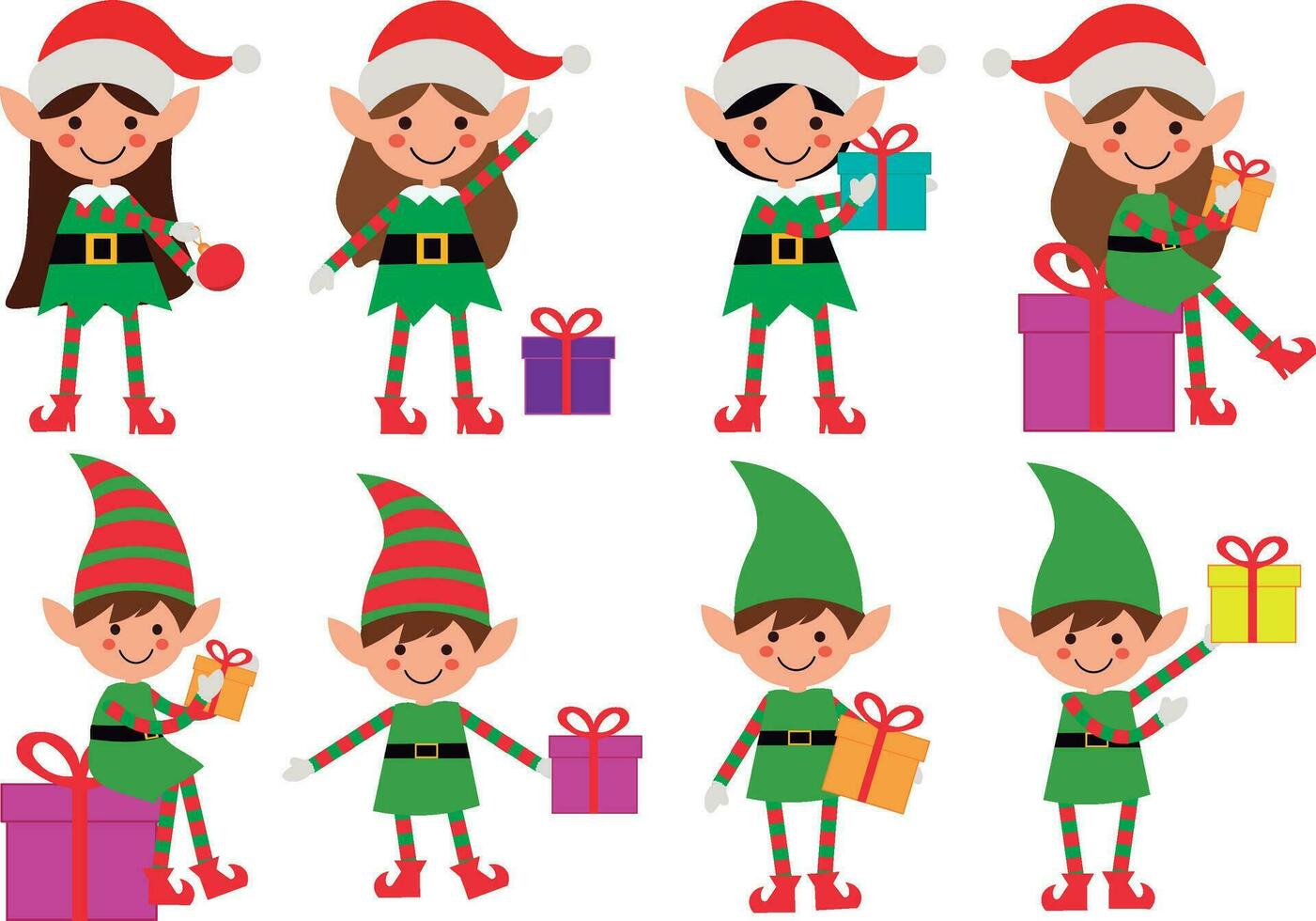 Adorable Santa's elves in green and red outfits showcasing various poses and holding Christmas presents and items. Perfect for festive holiday designs and decorations vector