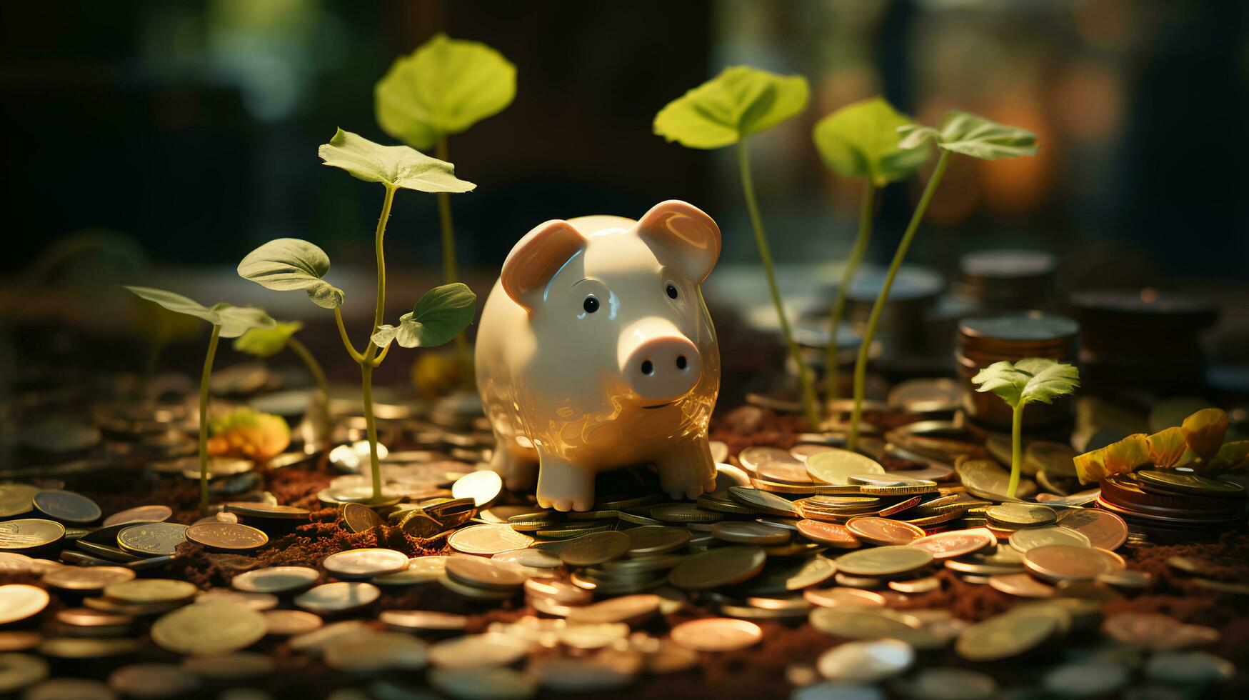 AI-Generated Pig piggy bank with gold coins. Concept money financial system investment and accumulation of wealth in banks photo