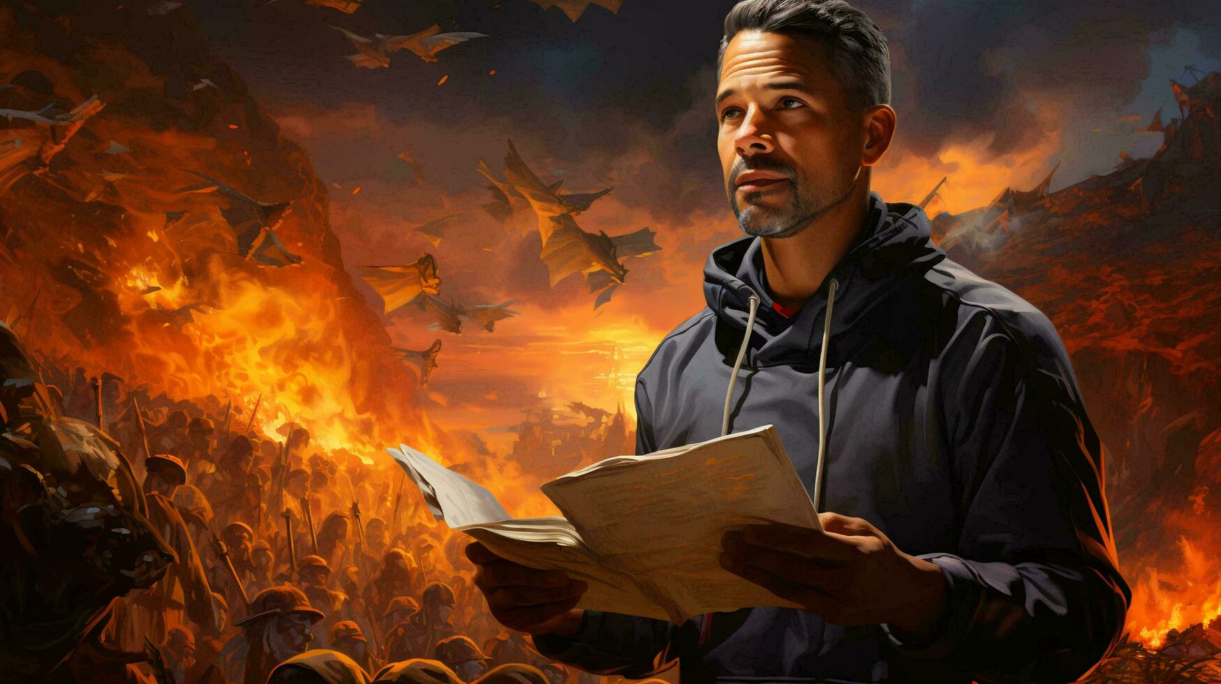 AI-Generated Handsome man holding a piece of paper document in his hands photo
