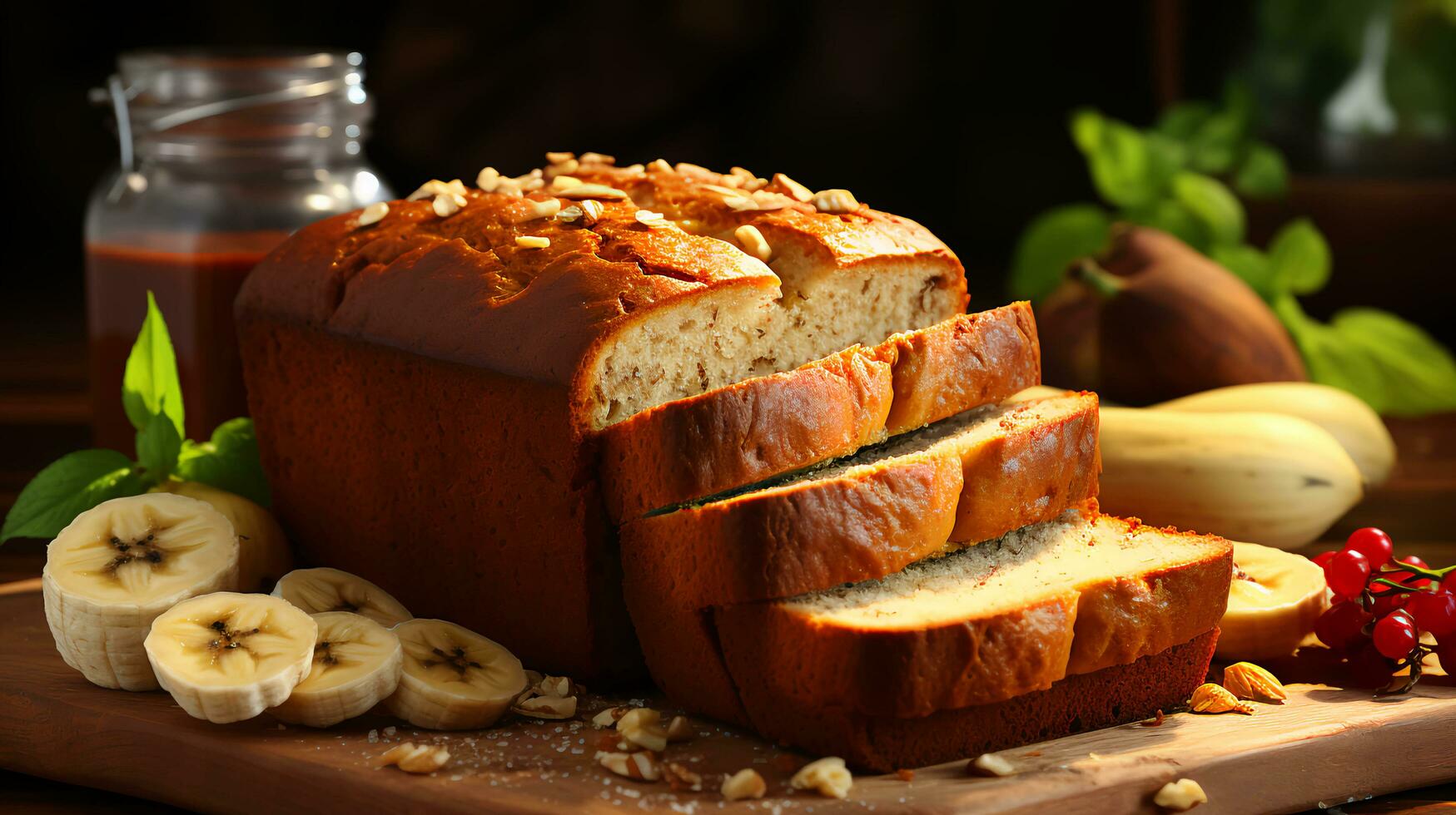 AI-Generated Delicious banana bread roll homemade baked goods on the table in the kitchen photo