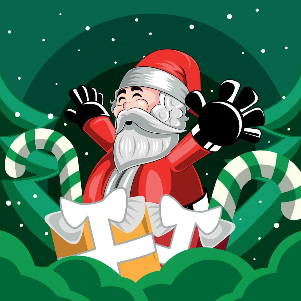 happy santa claus with open arms and gifts on christmas green background, comic illustration in vector