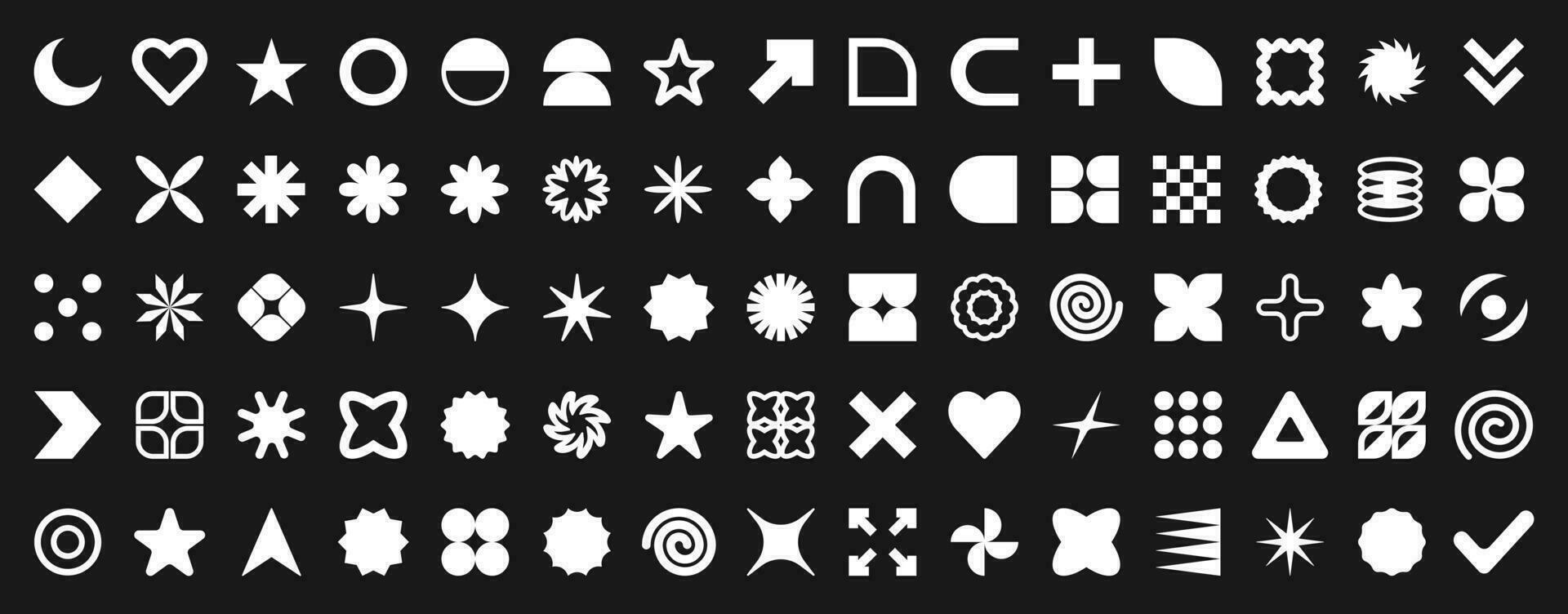 Set of white abstract geometric shapes and forms. Brutal contemporary figures, stars, flowers and other primitive elements. Trendy vector Y2K signs and symbols big set.