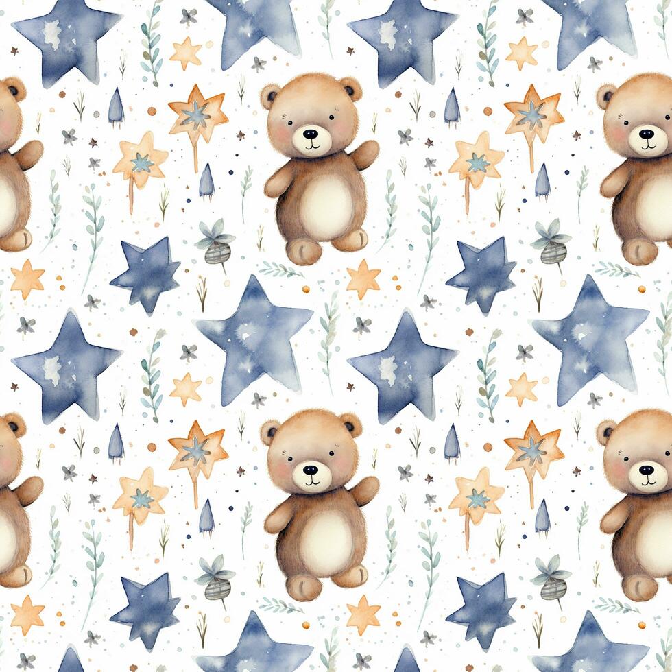 cute boho style watercolor bears and stars seamless pattern photo