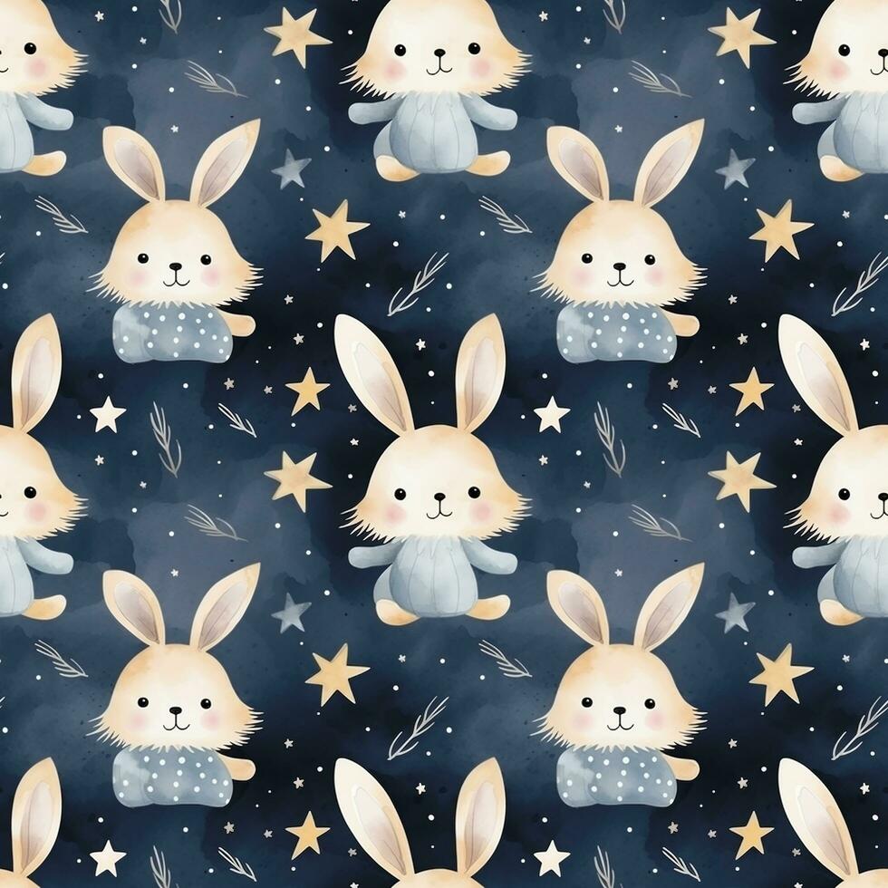 cute boho style watercolor bunny and stars seamless pattern photo