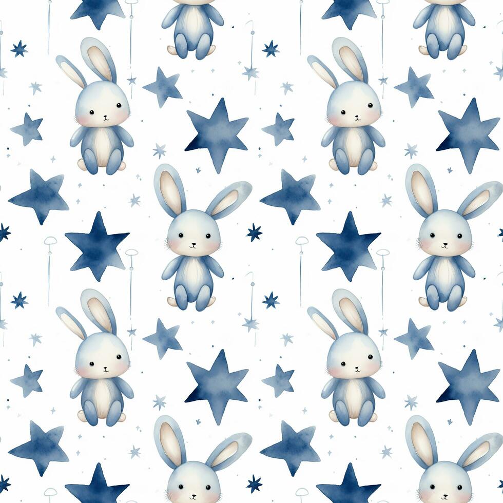 cute boho style watercolor bunny and stars seamless pattern photo