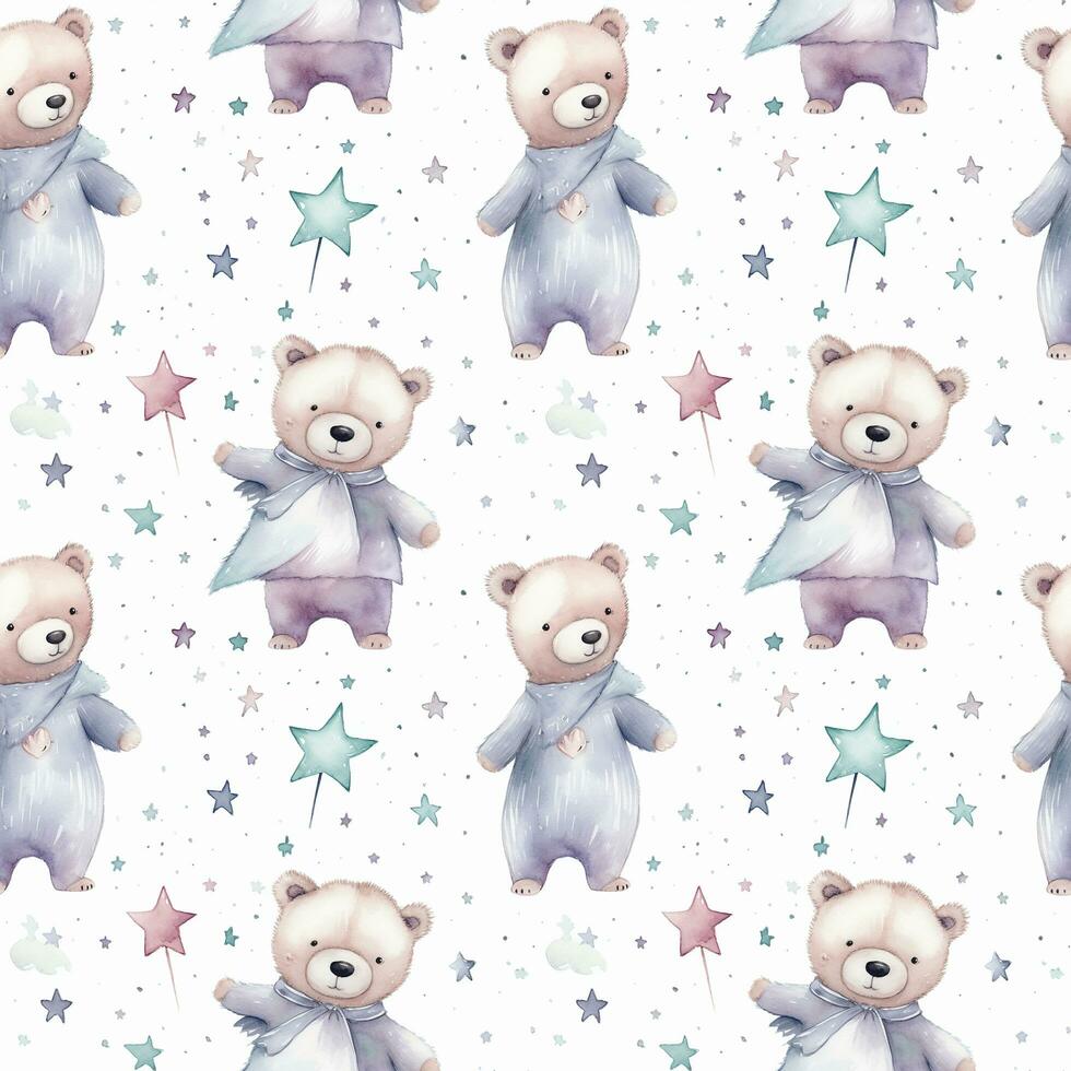 cute boho style watercolor bears and stars seamless pattern photo