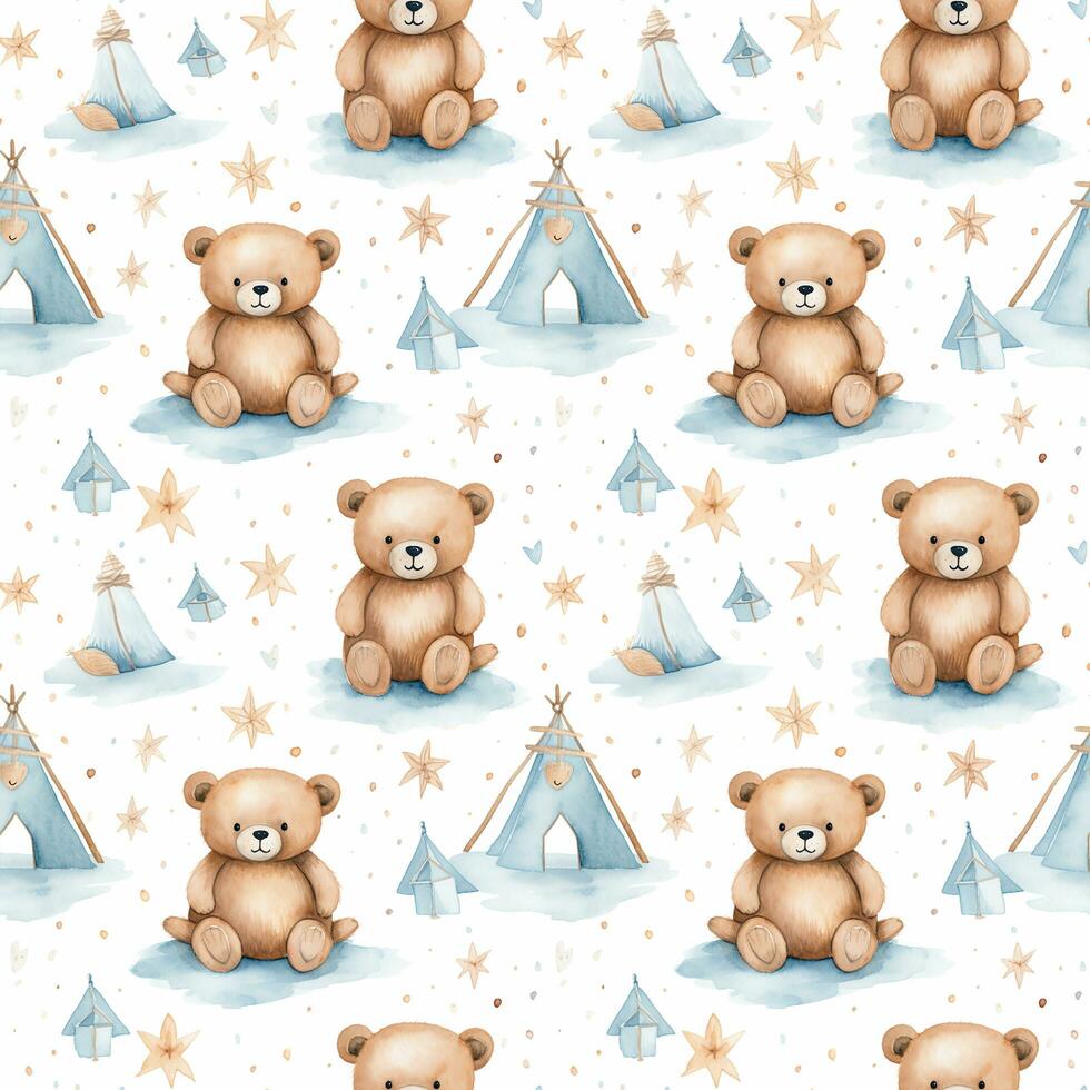 cute boho style watercolor bears and stars seamless pattern photo