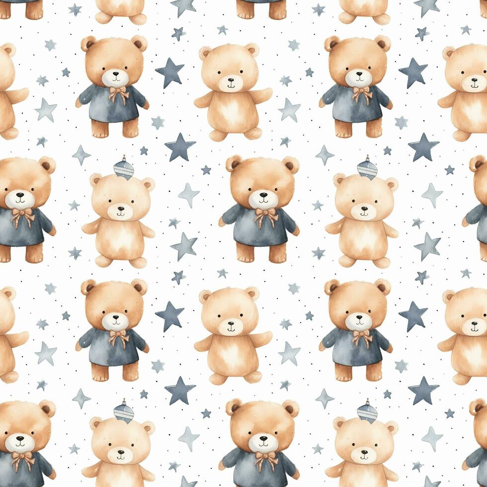 cute boho style watercolor bears and stars seamless pattern photo