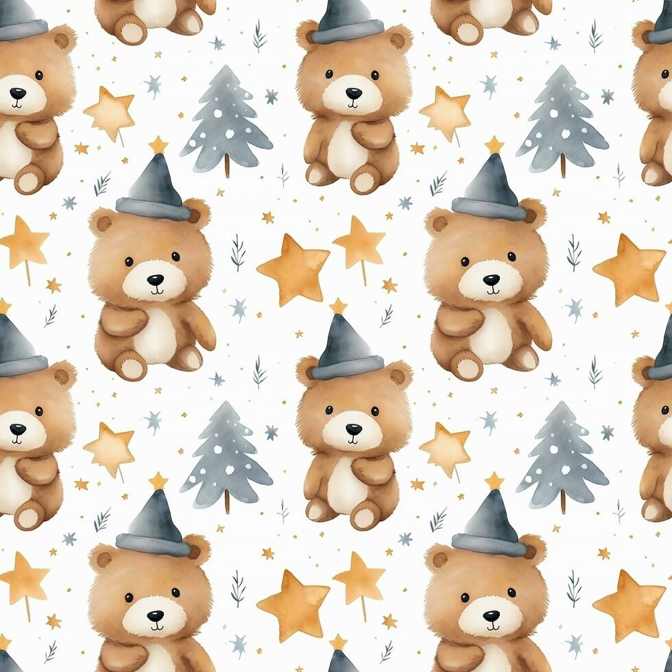 cute boho style watercolor bears and stars seamless pattern photo