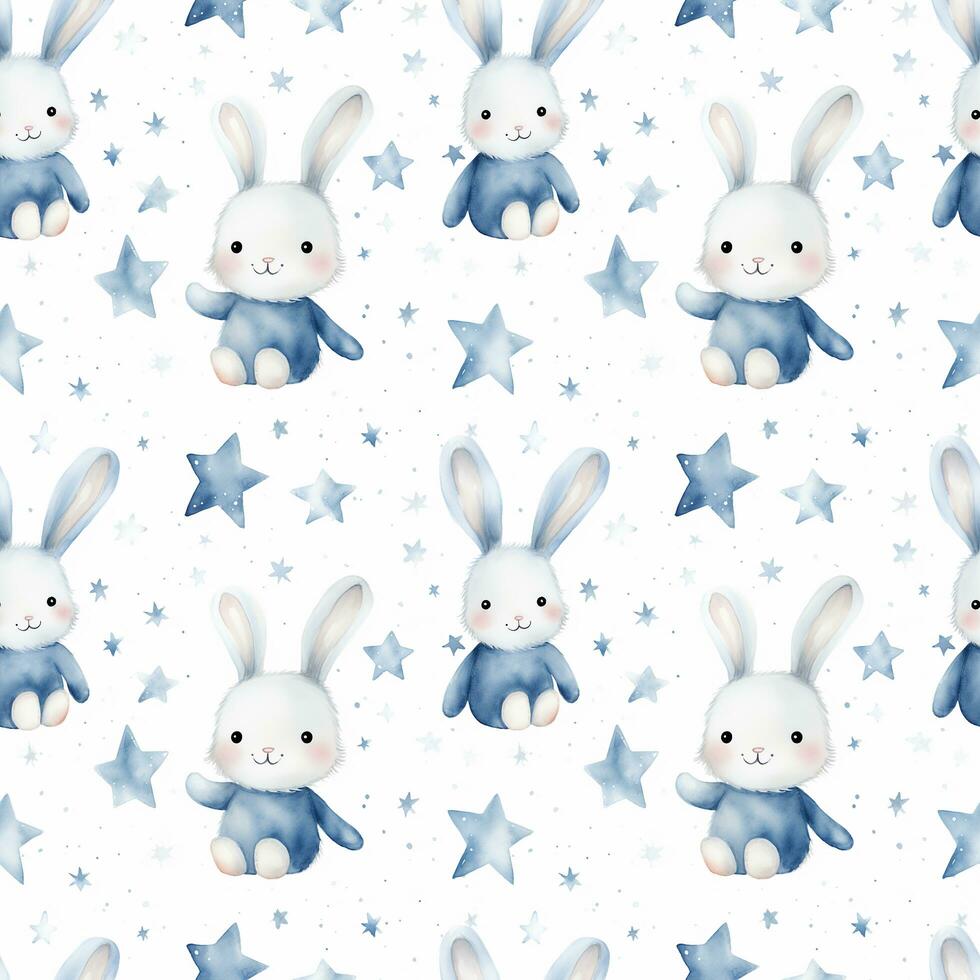 cute boho style watercolor bunny and stars seamless pattern photo