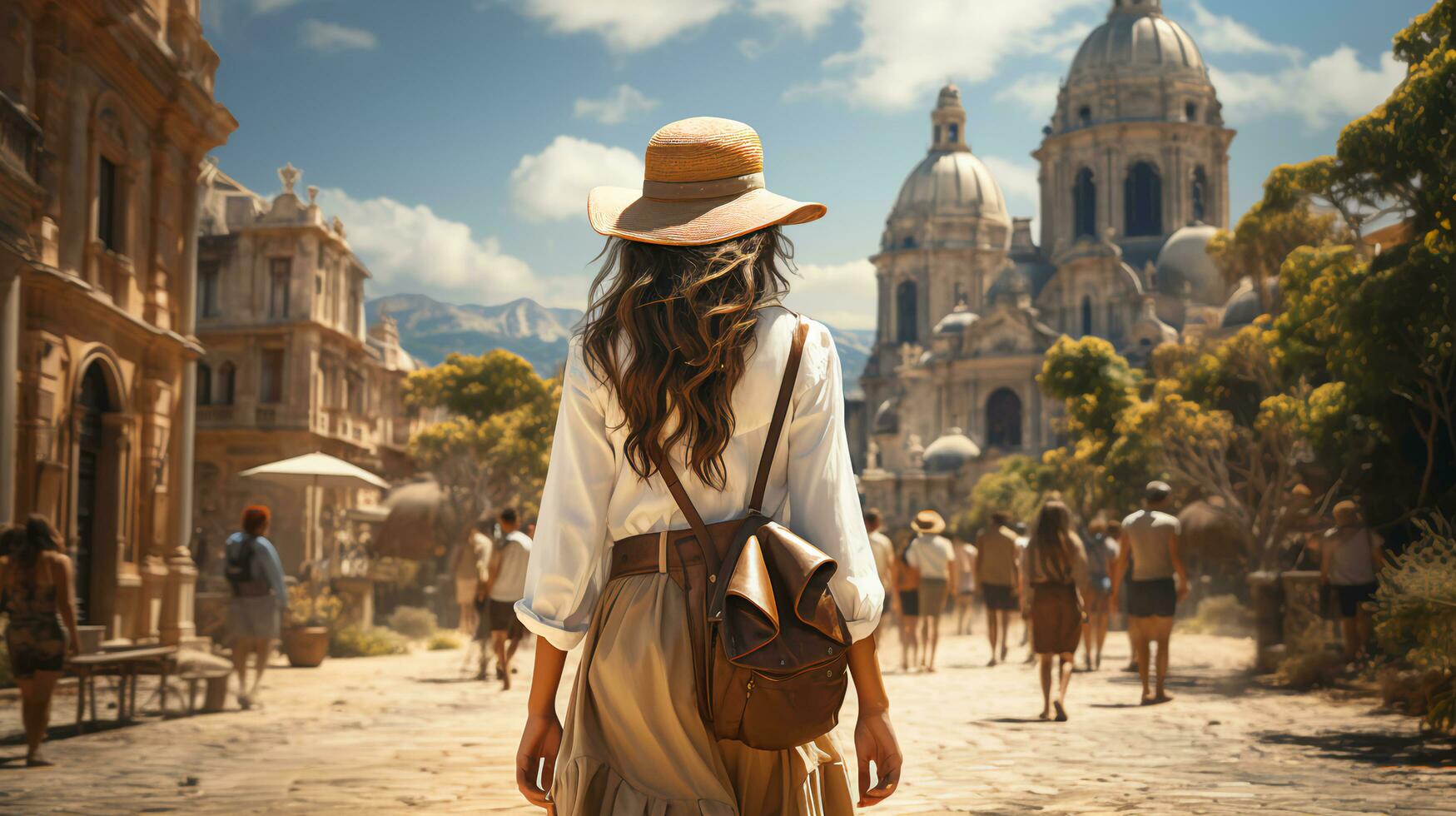 generado por ai hermosa mujer soportes en frente de un turista ciudad en verano en un soleado día, ver desde el espalda foto