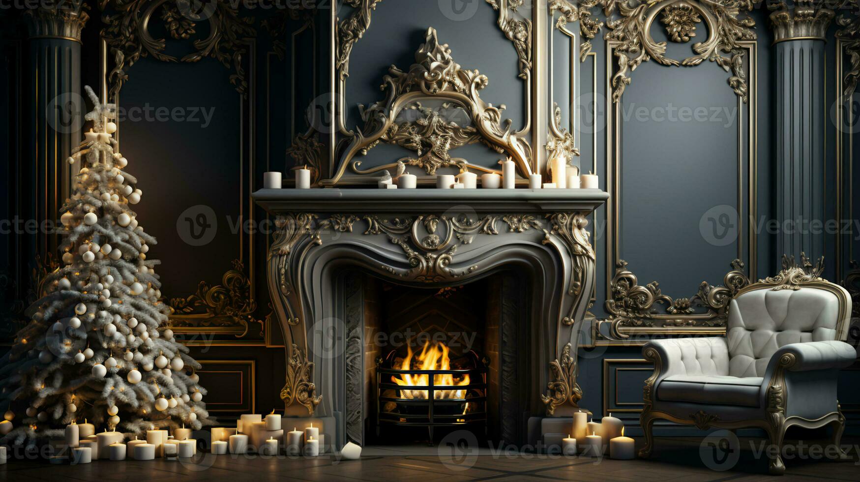 AI-Generated Interior of a festive room with a fireplace, toys and decorations with a gift for the New Year and Christmas photo