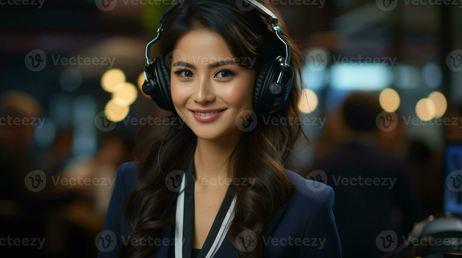 AI-Generated Beautiful woman in headphones with microphone in call center in office photo
