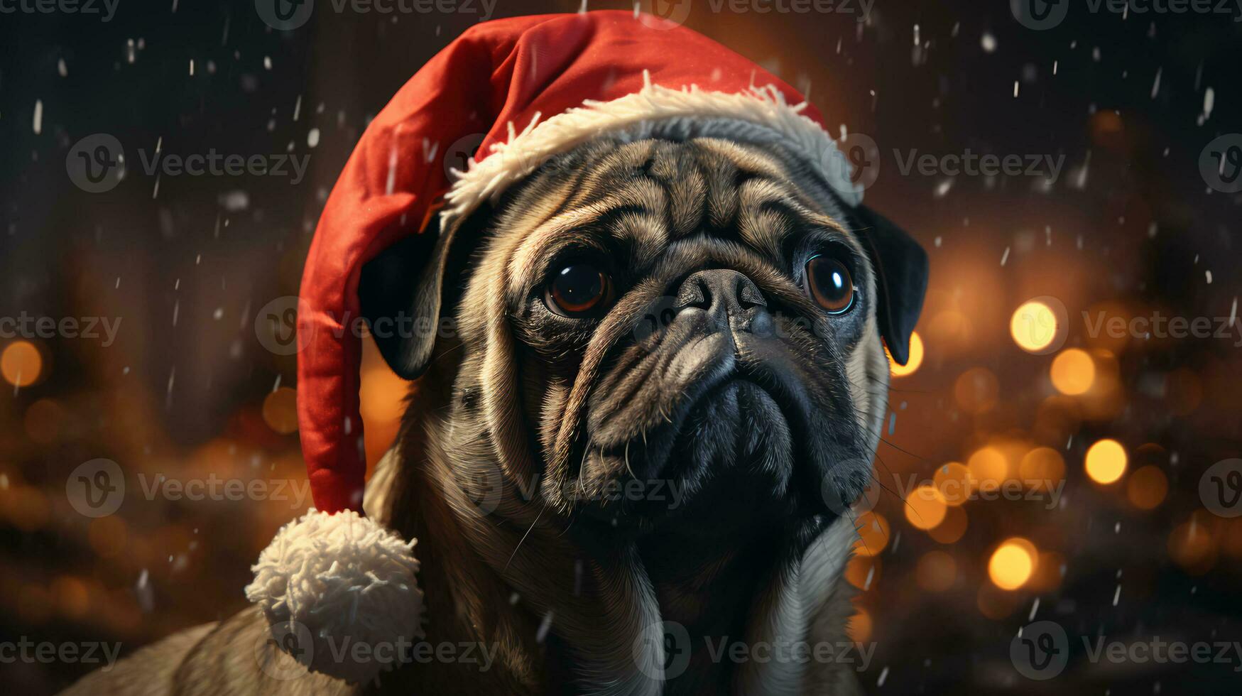 AI-Generated Pug dog in festive Santa Claus hat for New Year and Christmas photo