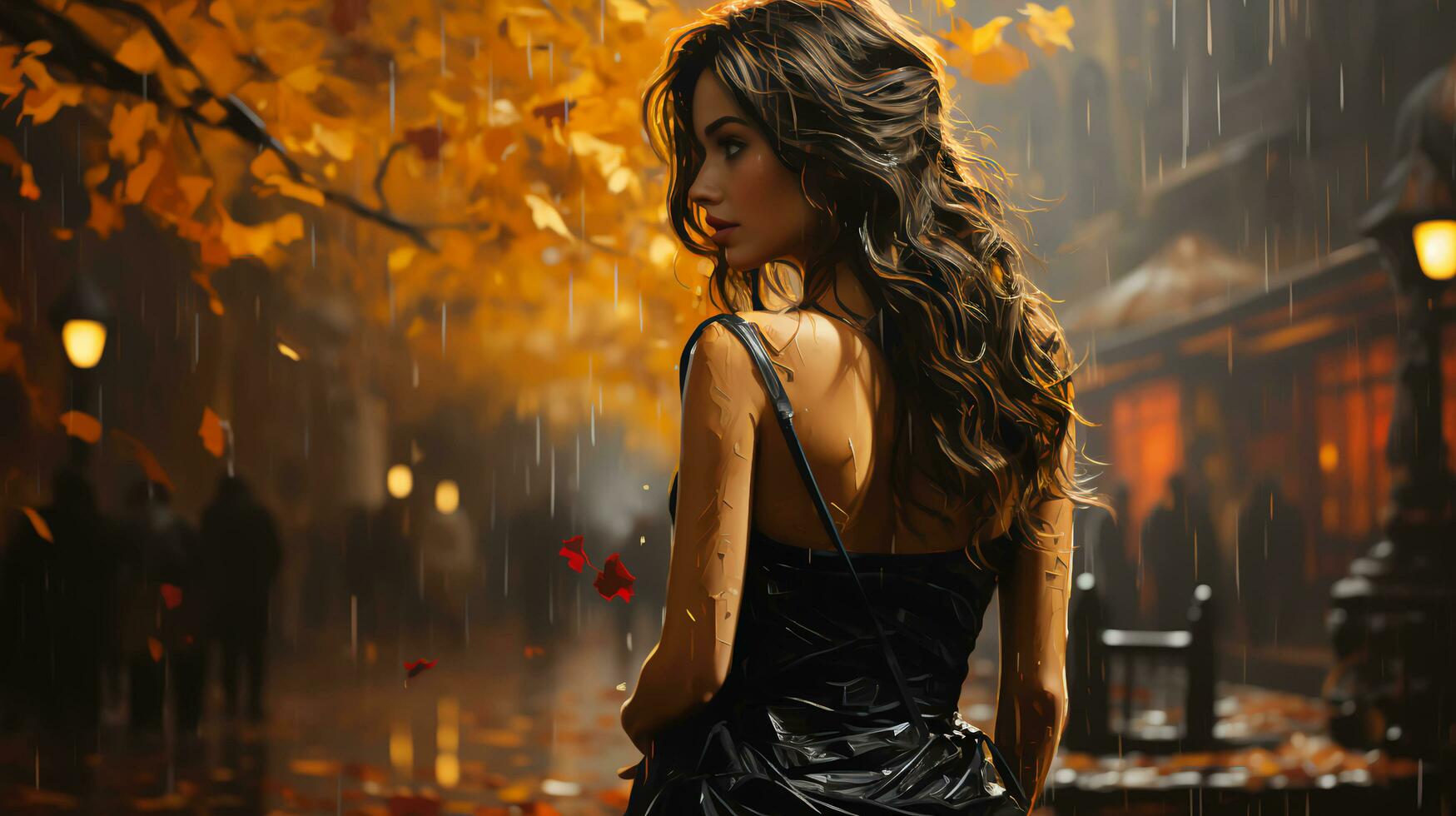 AI-Generated Beautiful woman in the rain in autumn and blurred background photo