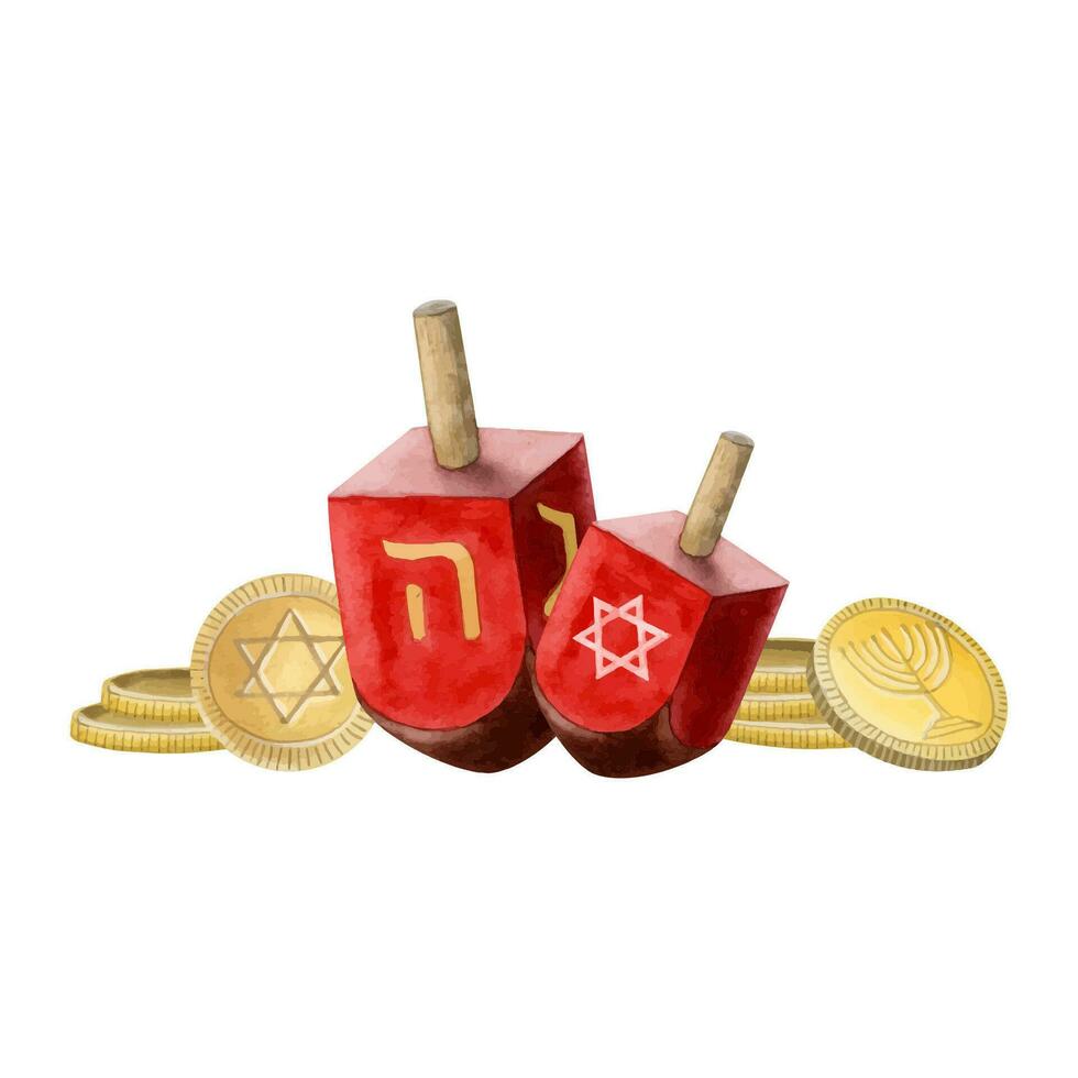 Hanukkah holiday symbols, red dreidels and gold coins gelt watercolor vector illustration. Chanukkah sevivons horizontal banner