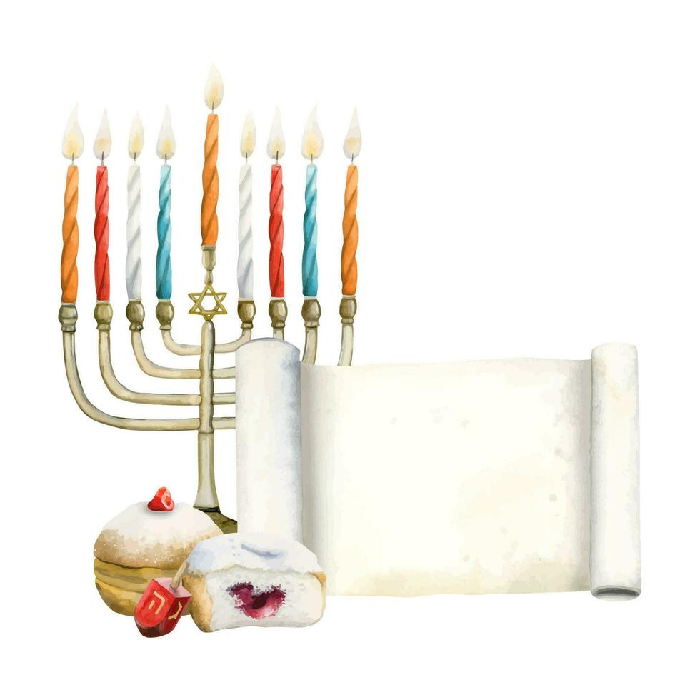 Hanukkah candles in menorah greeting card template with hanukkiah, donuts and dreidel watercolor vector illustration