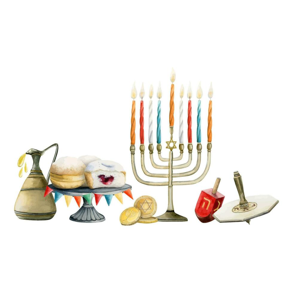 Jewish holiday Hanukkah symbols, watercolor vector illustrations. Menorah, candles, donuts, jug of oil, coins, dreidels