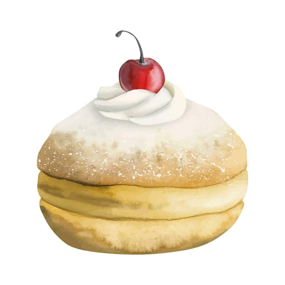 Hanukkah donut with sugar powder, whipped cream and a cherry on top. Hand drawn watercolor vector illustration of sweet dessert