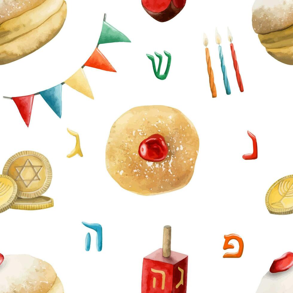 Jewish Hanukkah vector watercolor seamless pattern with traditional symbols and bakery for party designs, gift paper, festive tableware. Donuts, dreidel, candles, coins