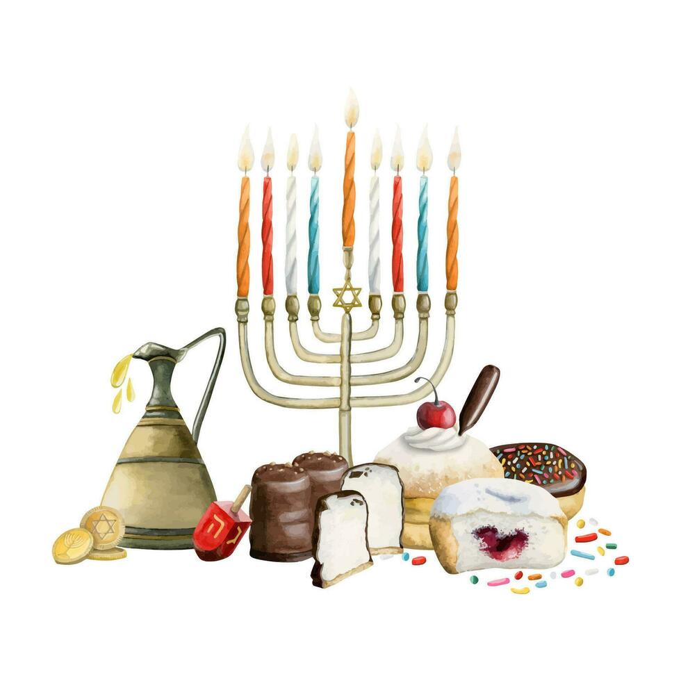 Hanukkah greeting card composition with holiday symbols watercolor vector illustration. Menorah, dreidel, donuts, candles