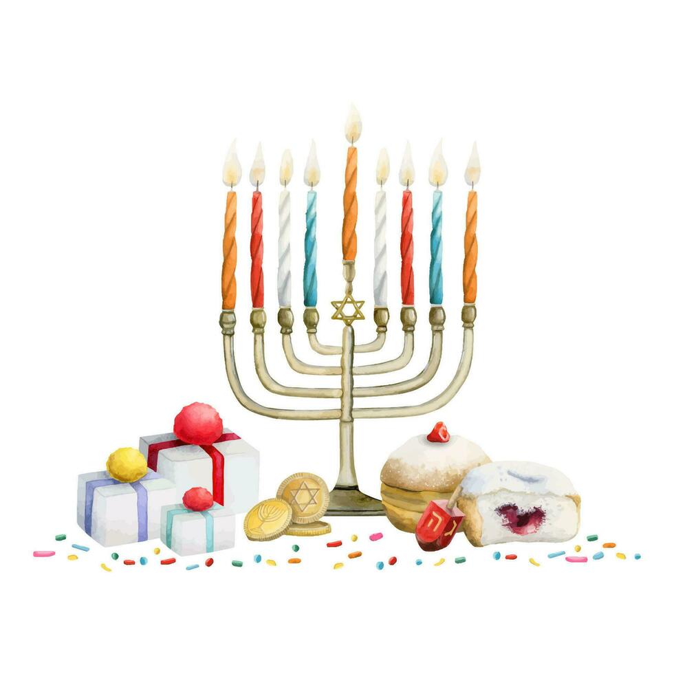 Janucá Menorah con velas, regalos, rosquillas oro monedas saludo tarjeta modelo con hanukkiah acuarela vector ilustración