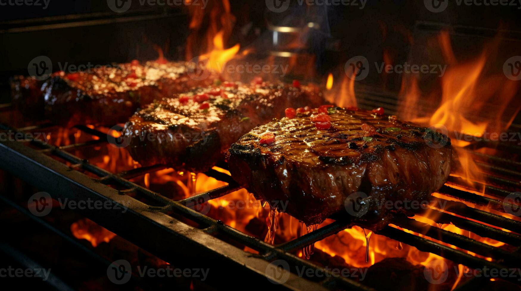 AI-Generated Delicious meat fried steaks on the grill cooked on fire photo