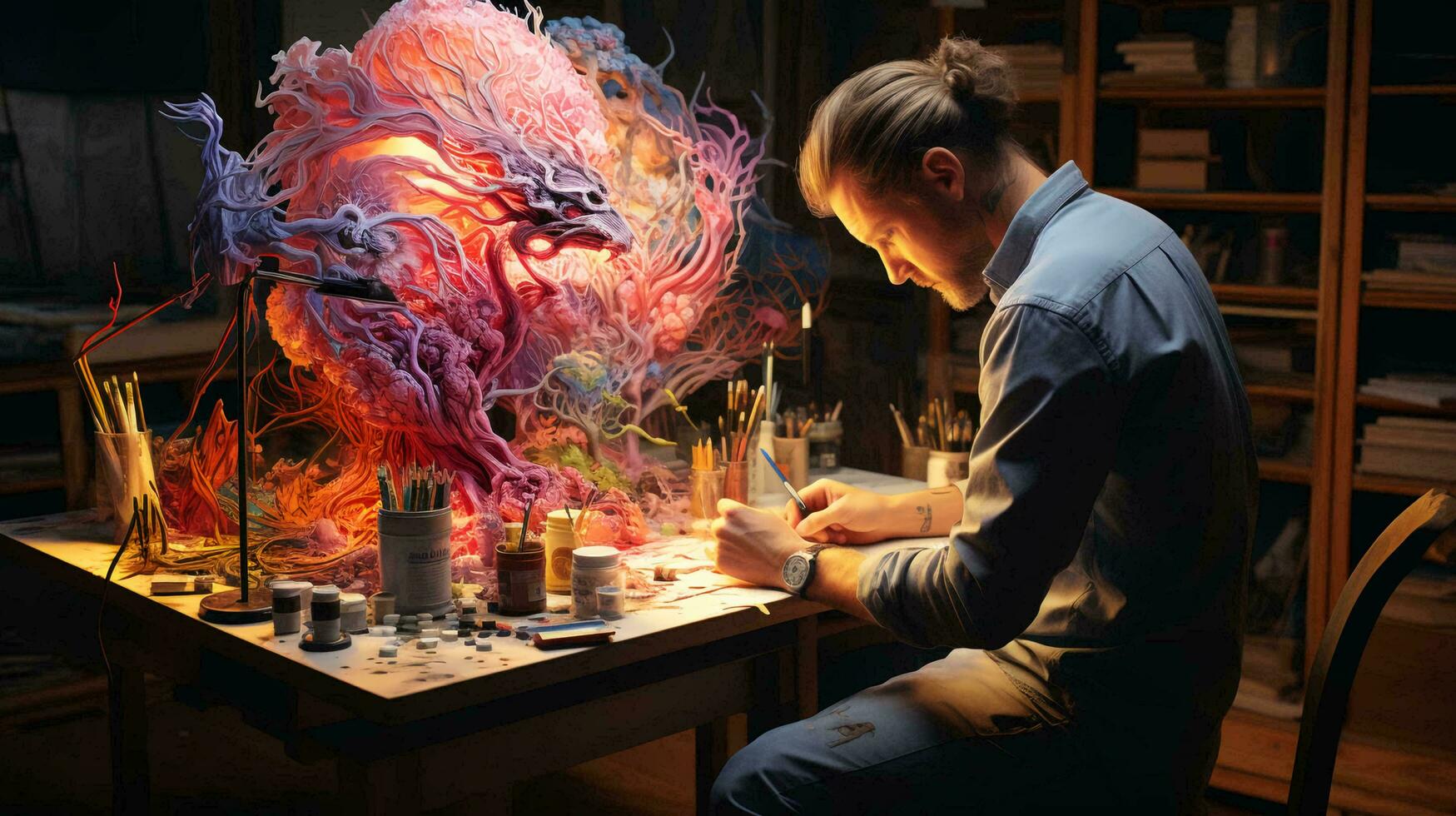 AI-Generated  artist in the form of a brain draws and develops creative abilities. The concept of brain development through art photo