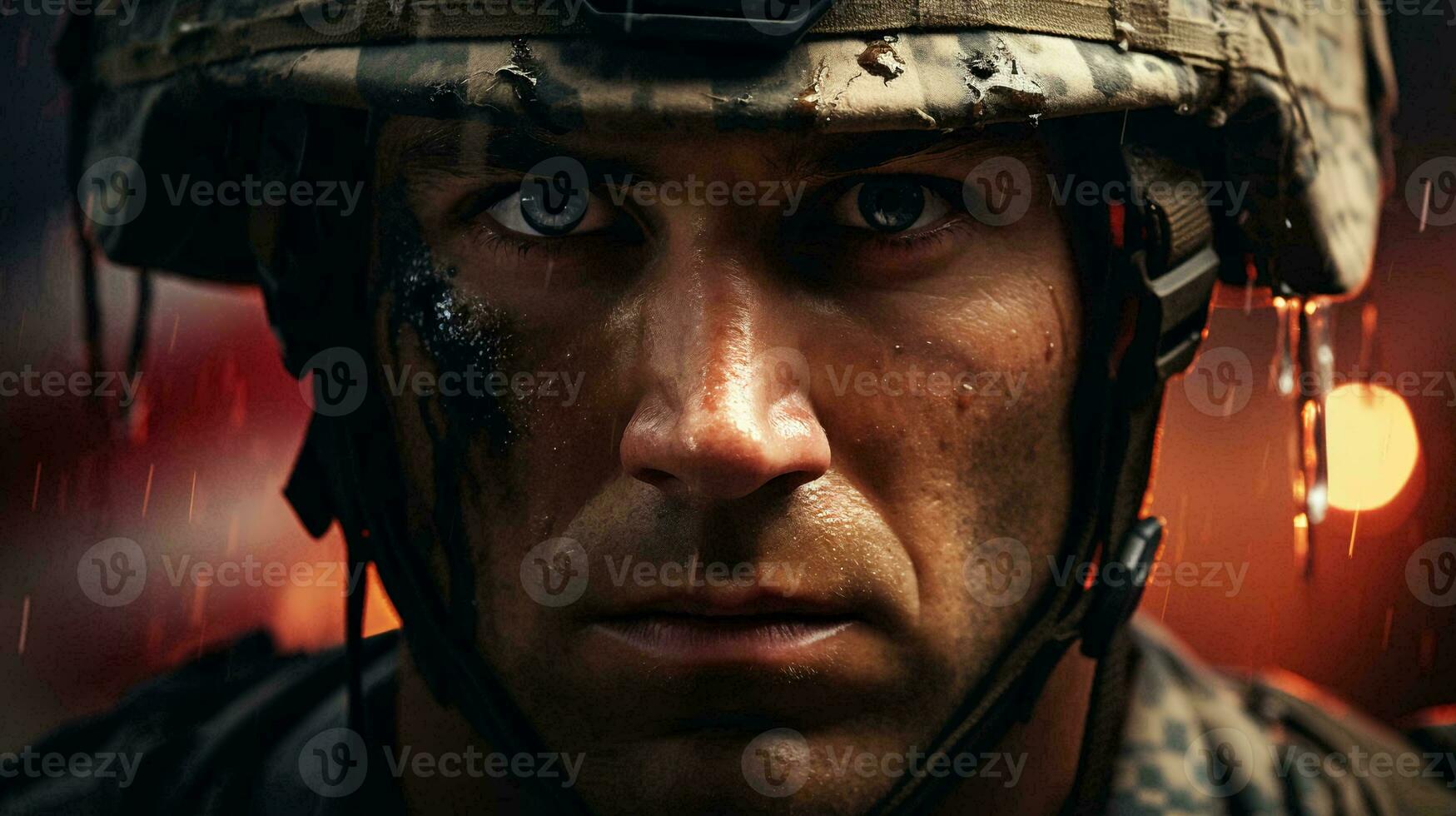 AI-Generated man American soldier military marine stands against the background of the American flag as a symbol of independence. Face close-up photo