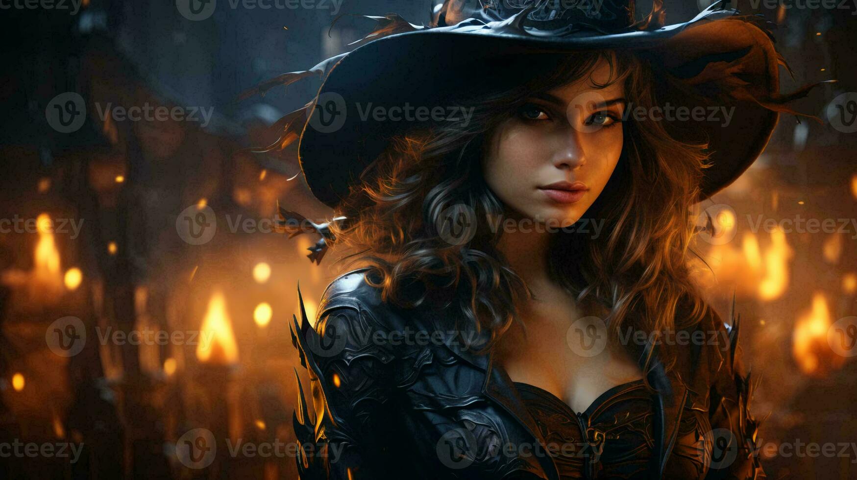 AI-Generated Beautiful witch in a black hat for the scary holiday of Halloween photo