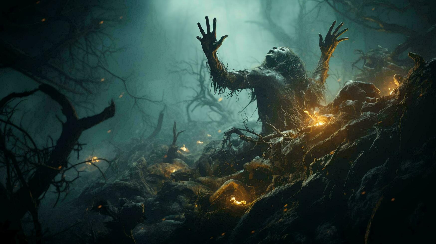 AI-Generated Zombies rise from the dead in a dark scary forest at night and pull their hands out of the ground for the Halloween holiday photo