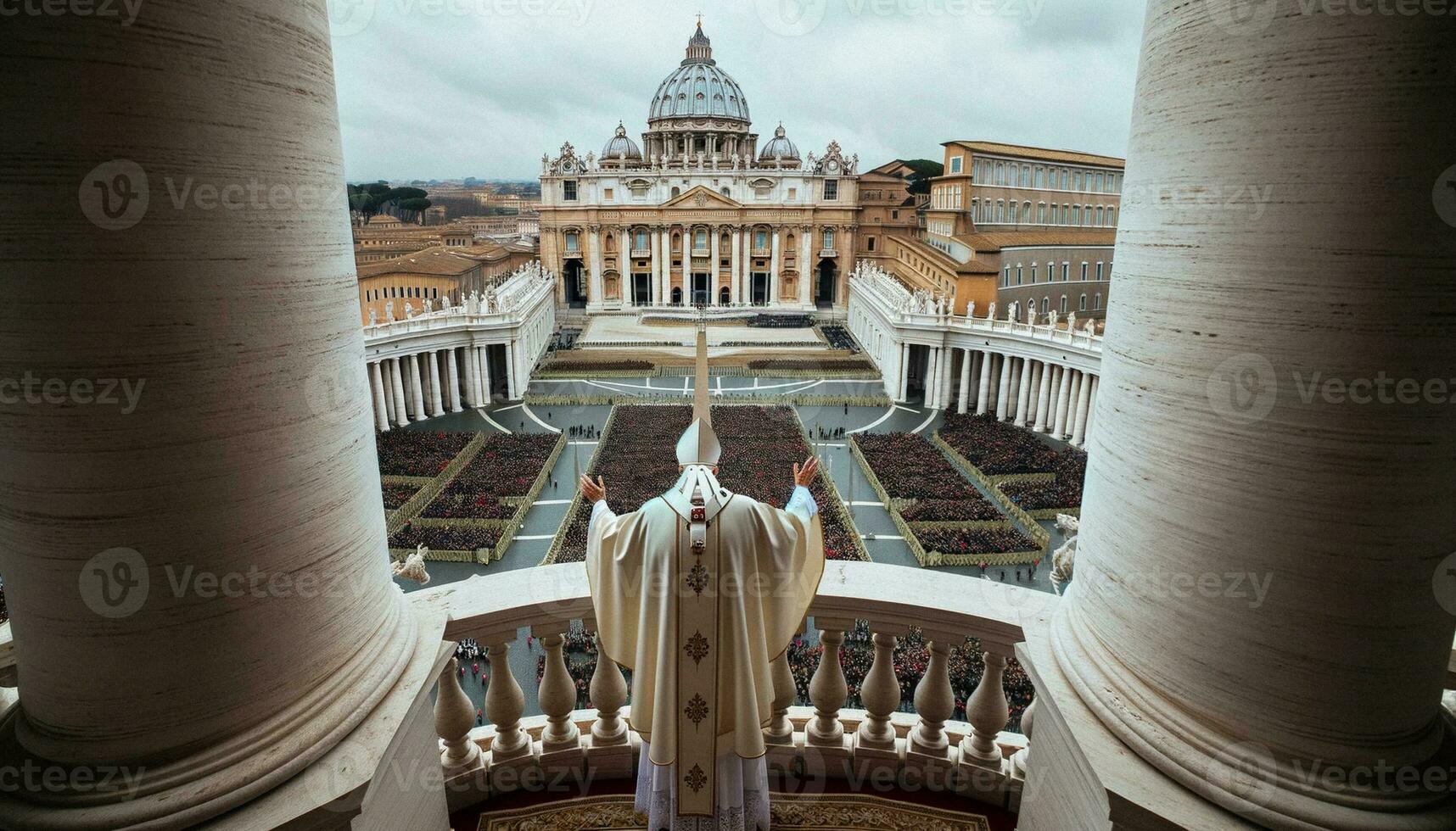 papa a el Vaticano balcón, frente a el multitud desde detrás. generativo ai. foto