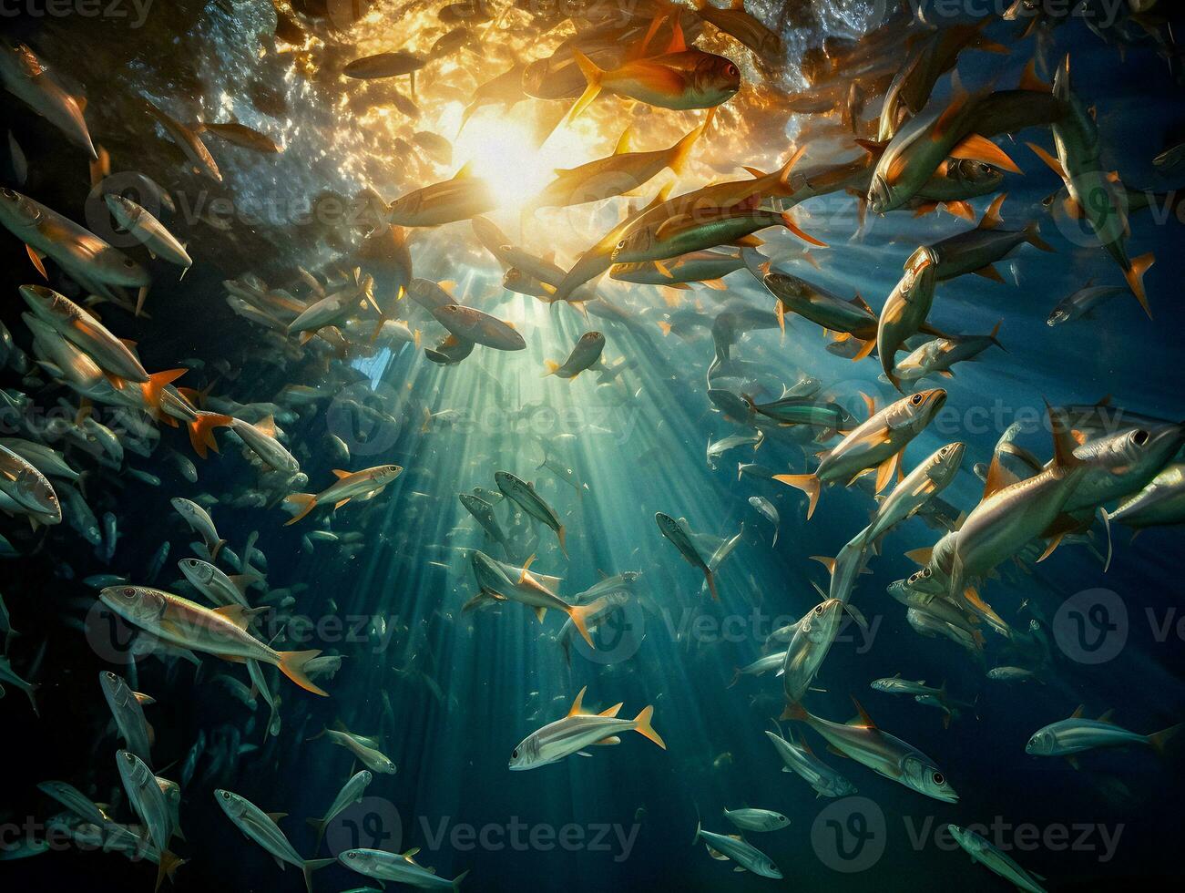 Underwater View of Fishes with Stunning Illumination - Generative AI Art photo