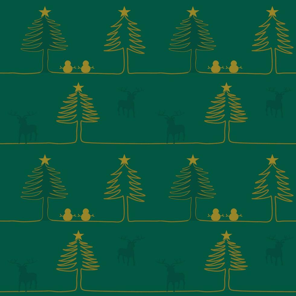Hand drawn christmas trees seamless pattern, green background. vector