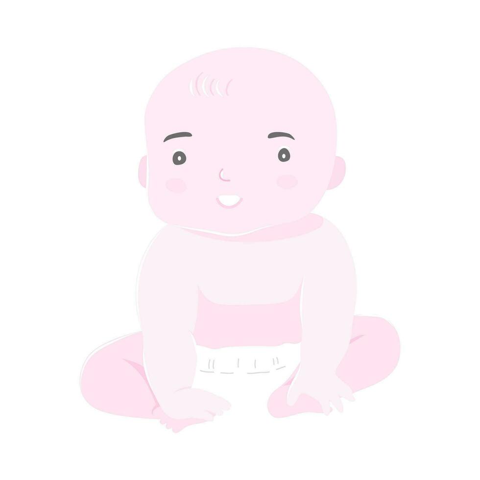 Isolated of a happy baby child wear diaper sitting and smiling, flat vector illustration.