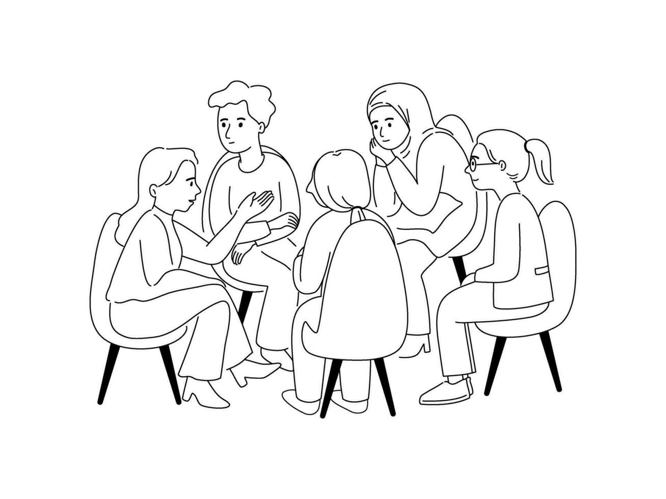 personas en grupo terapia sesión, hablar terapia y grupo terapia concepto. mano dibujado contorno ilustraciones. vector