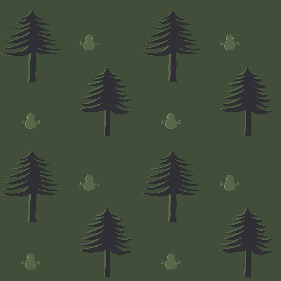 Hand drawn christmas trees and snow man seamless pattern, green background. vector