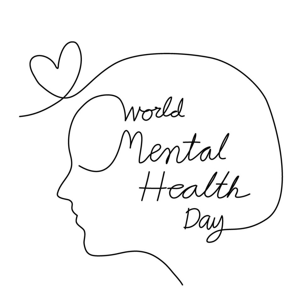 World mental health day hand lettering and smile face, continuous line art handwriting vector. vector