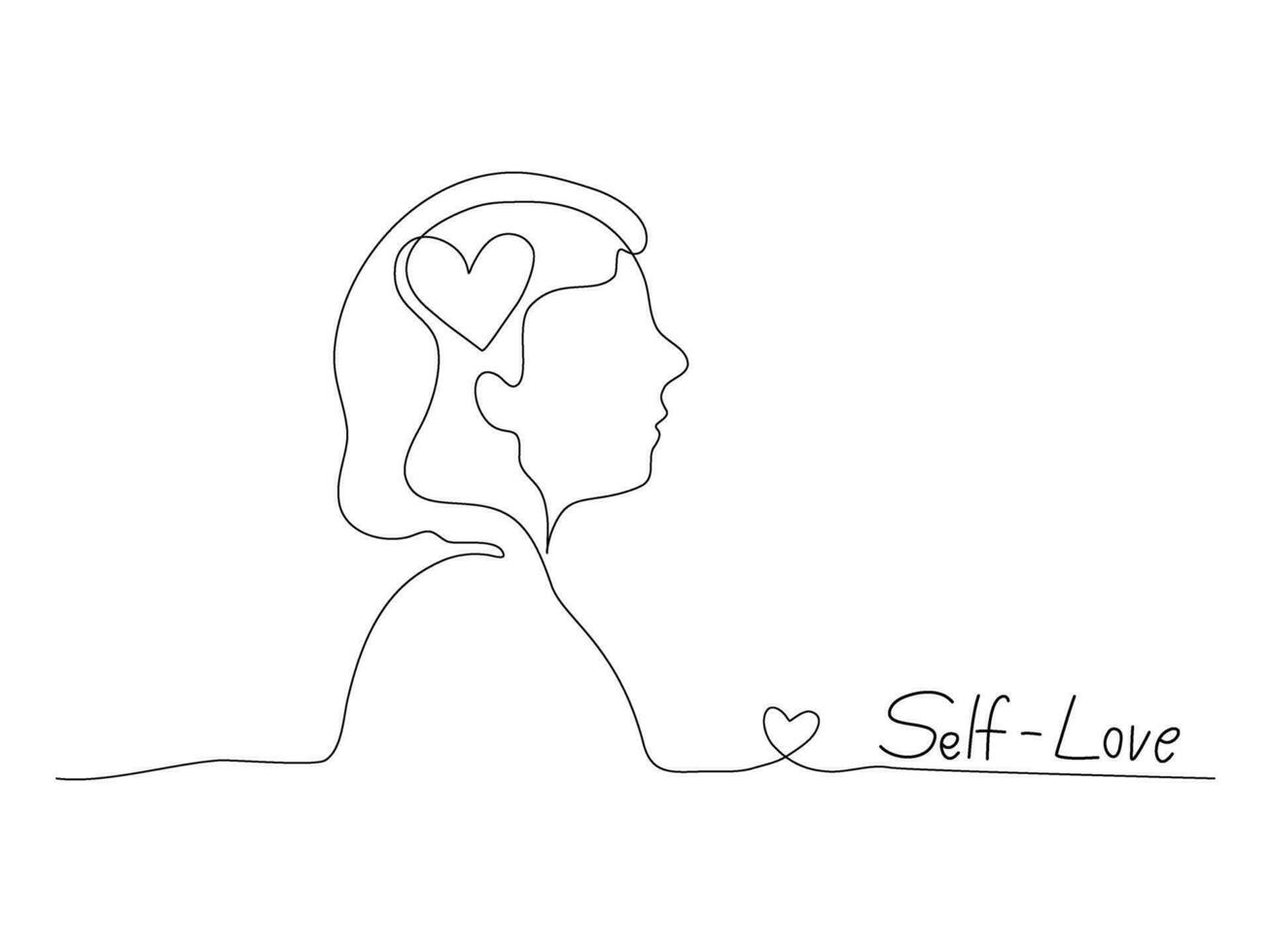 Continuous line art of a person with heart symbol and self love text, lineart vector illustration.