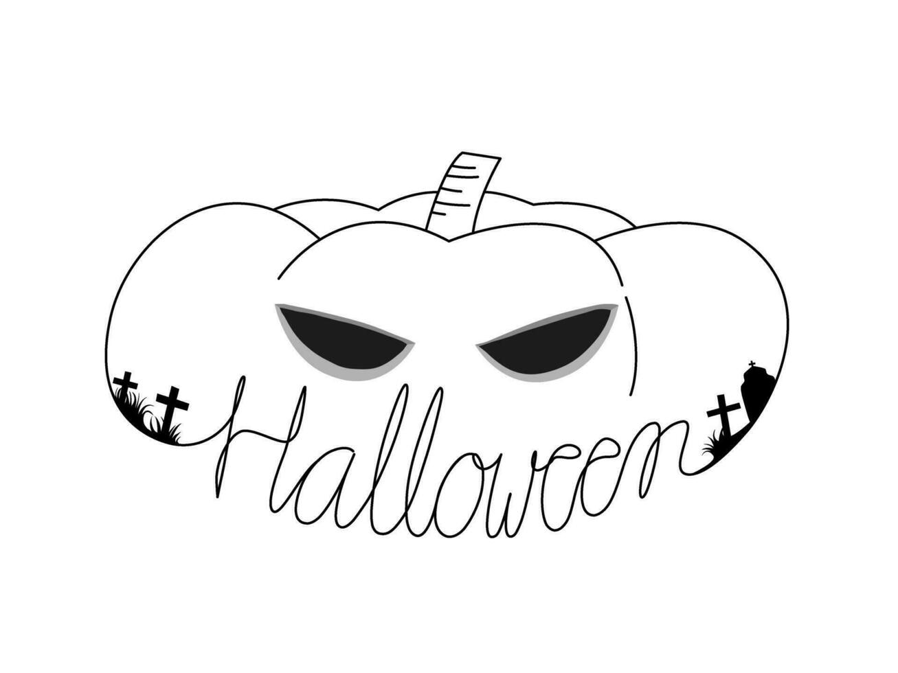 Continuous line halloween text with pumpkin illustration in black and white outline vector. vector