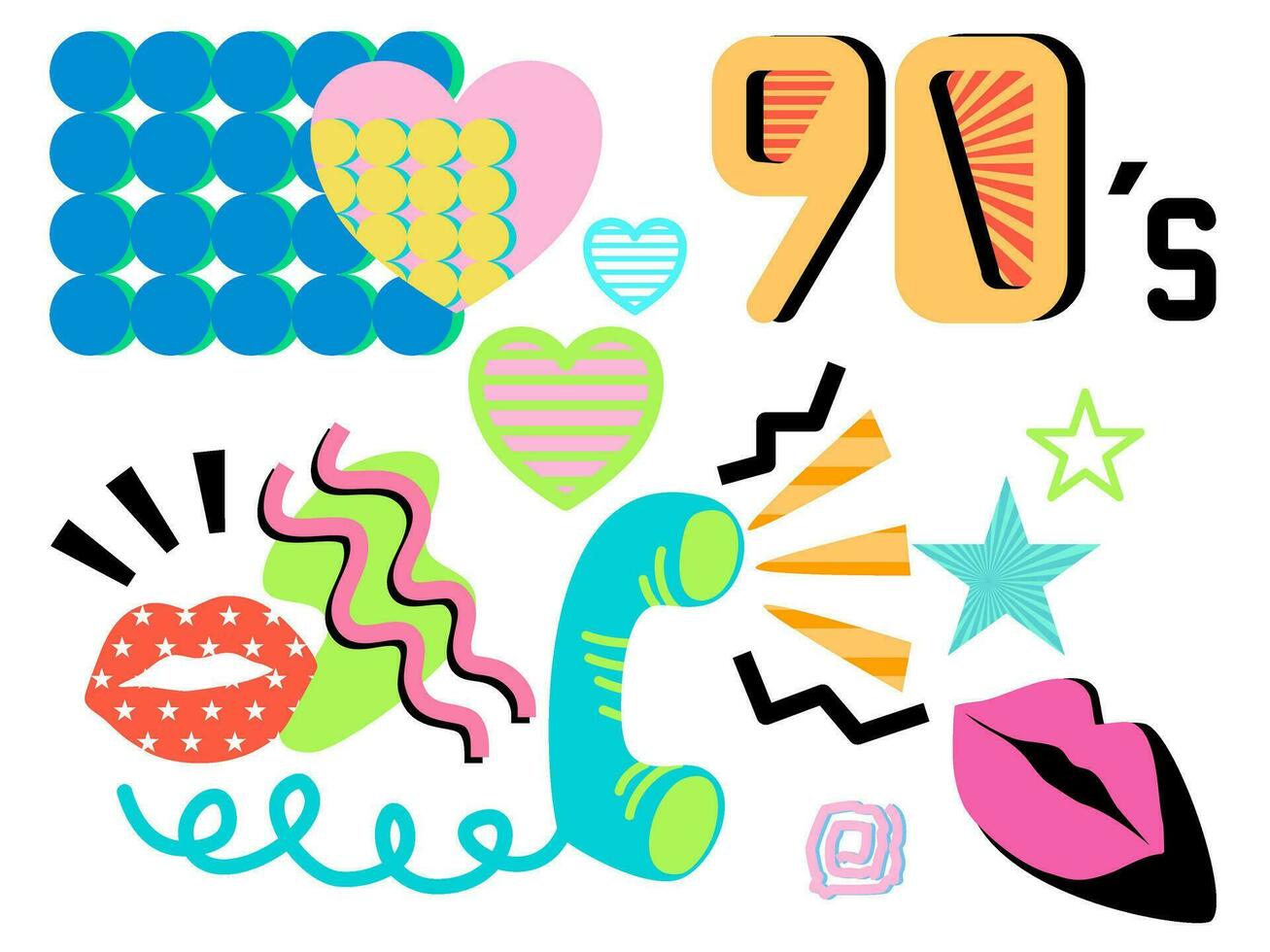 Set of colorful elements tyle of 90s, flat vector style.