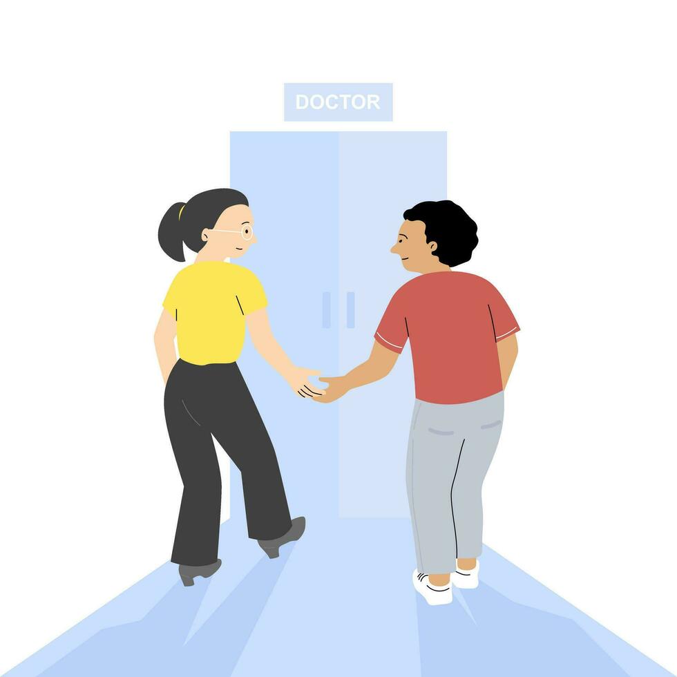 A depressed patient and a friend standing at the door to receive treatment, mental health and wellness concepts. vector