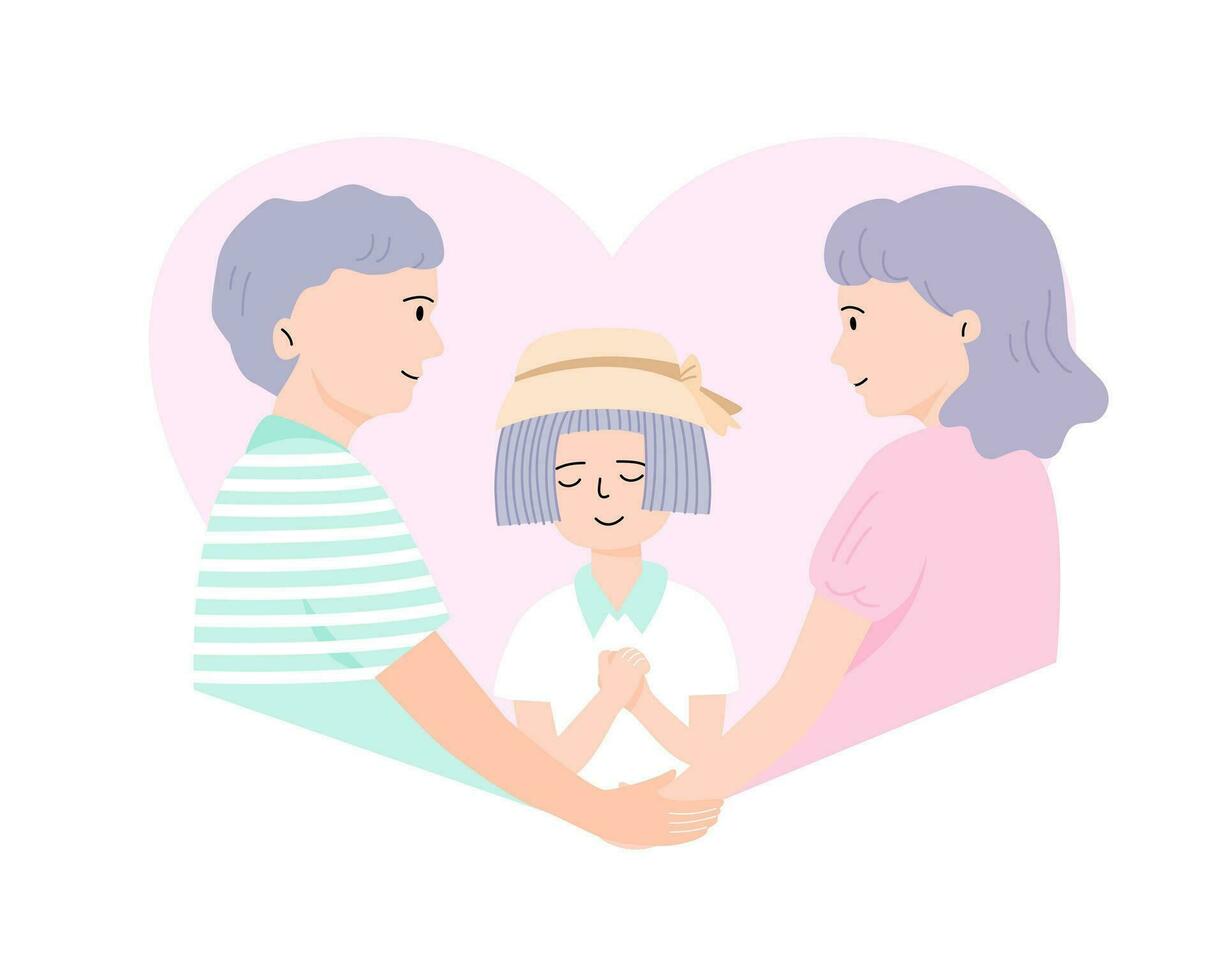 Parent and child, mother and father hugging their daughter. Flat vector illustration.