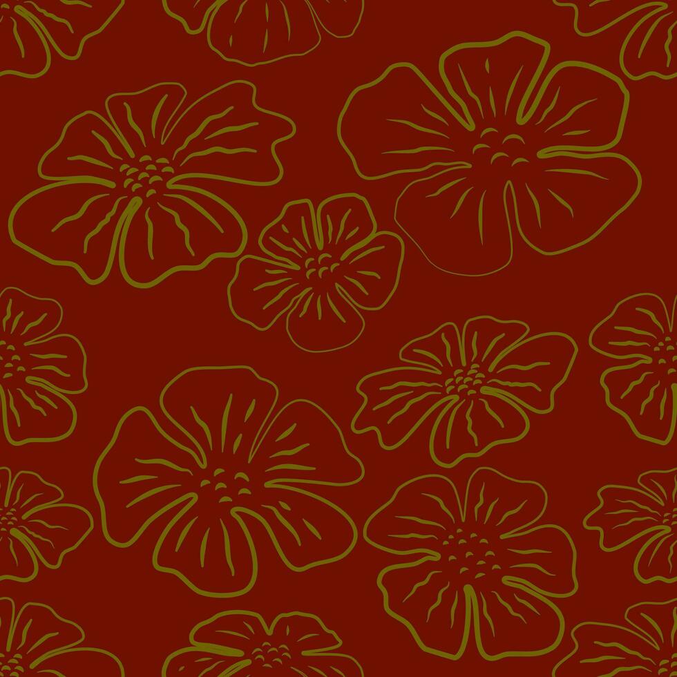 Seamless pattern with hand drawn line art gold flowers on red. vector