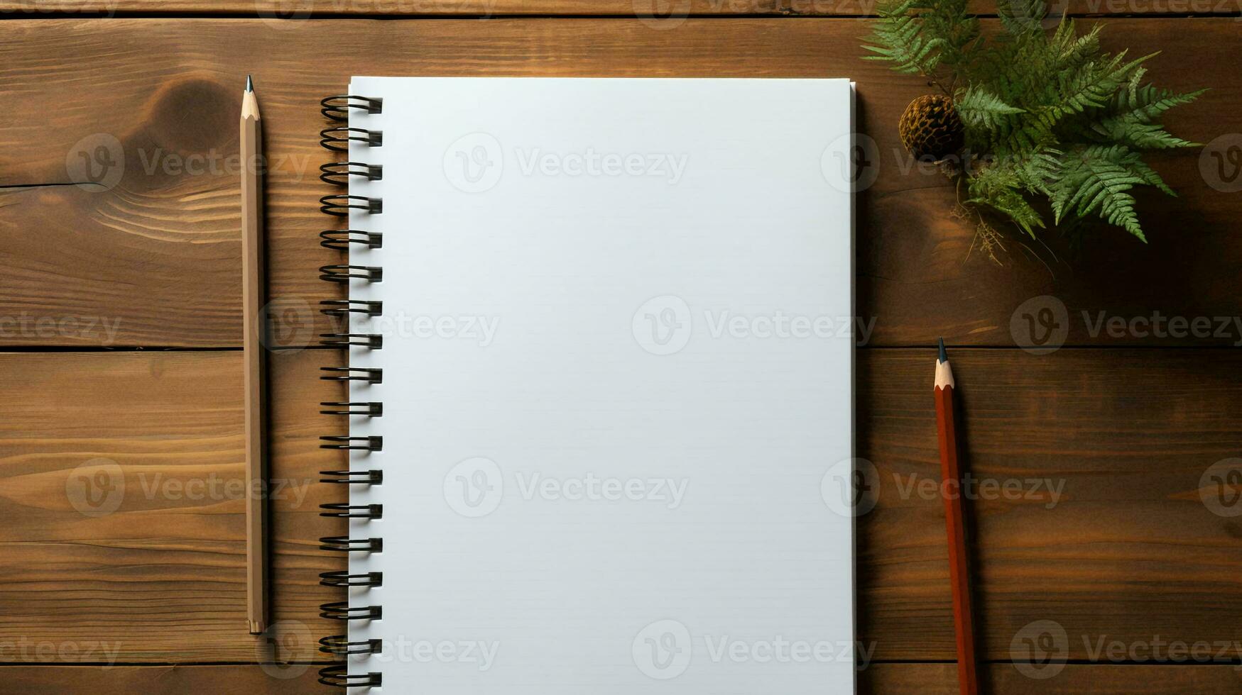 AI-Generated Blank notepad and pen lie on a wooden table, flat lay photo