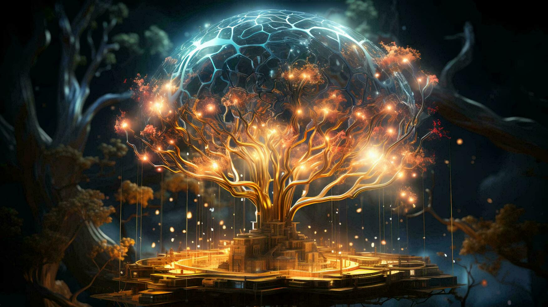 AI-Generated glowing, high-tech tree in the shape of a human brain grows from a book. Concept of intelligence knowledge and education photo