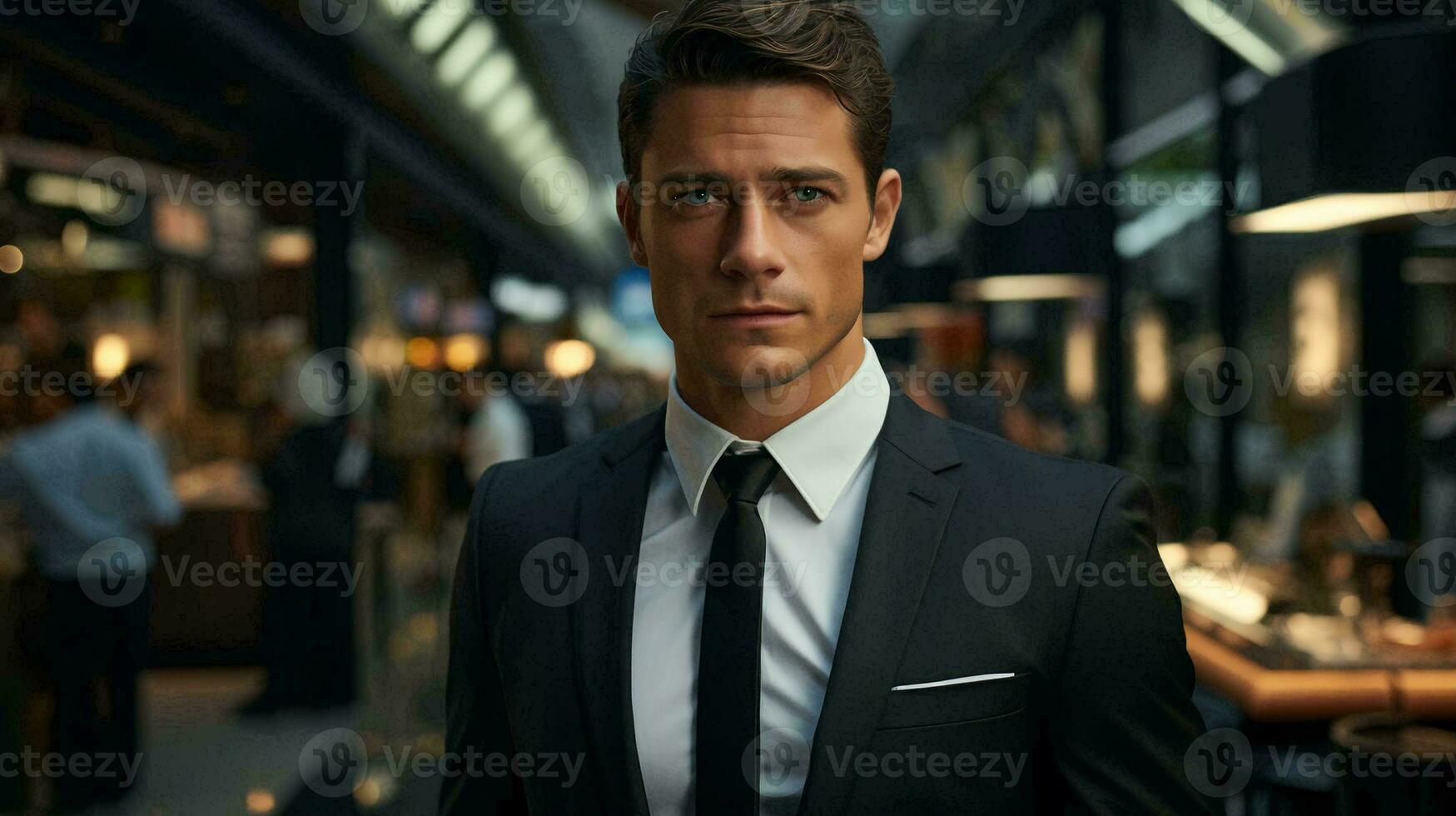 AI-Generated Handsome male businessman in a classic suit with a tie in the office. White collar office worker concept photo