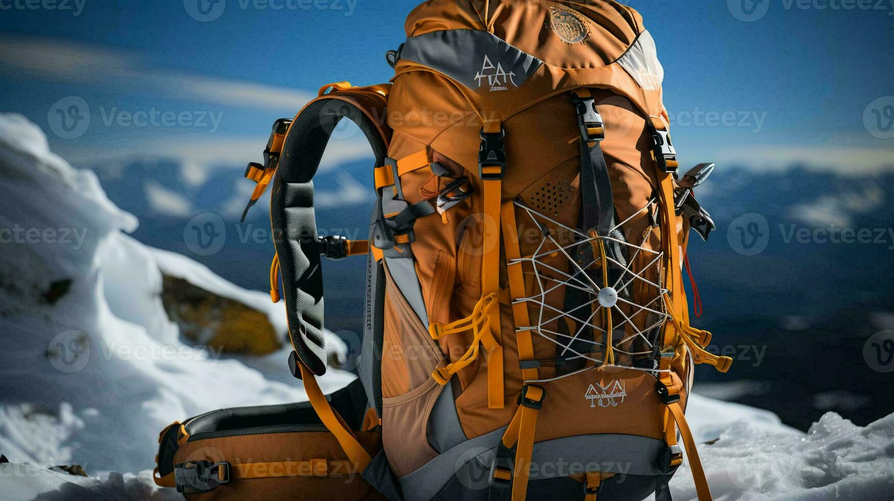 AI-Generated Yellow tourist backpack for traveling on the top of a snowy mountain. Travel tourism and camping concept photo